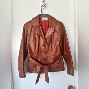 Vintage Northside Brown Leather Coat Made in USA Tie Collared Size S